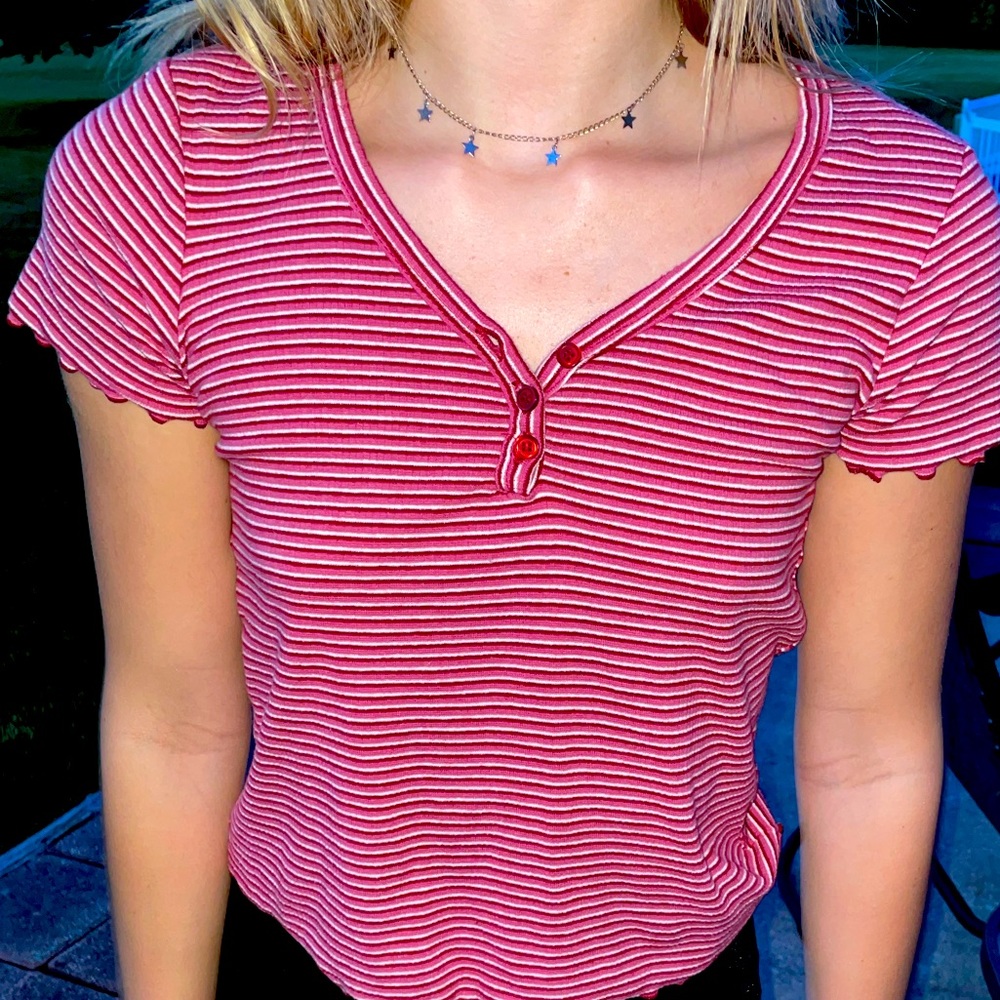 striped button up ruffle tee